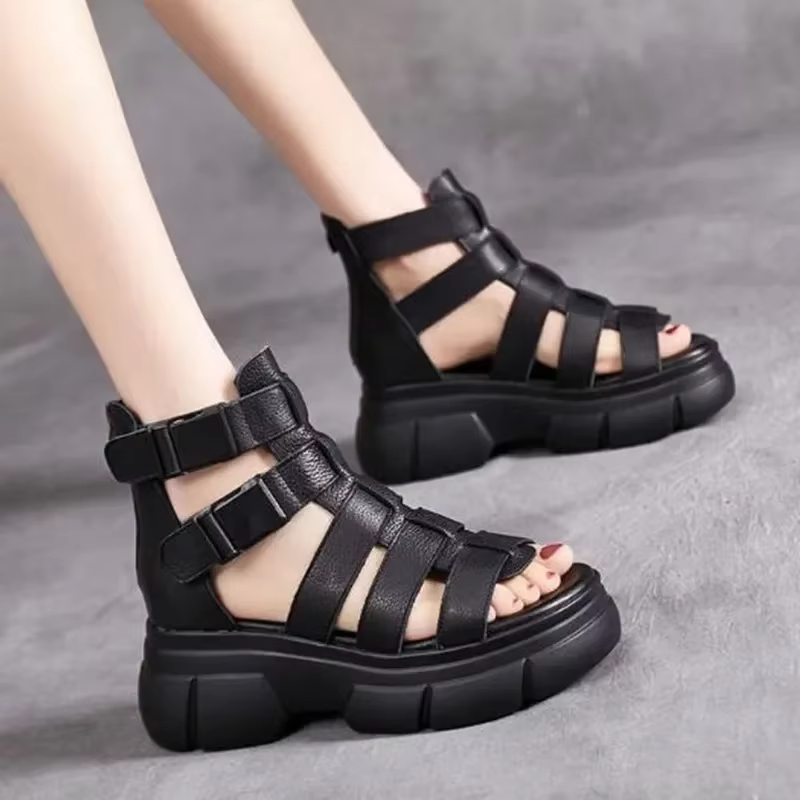 Chaussures rétro en cuir PU véritable faites à la main pour femmes, bottes de rinçage, sandales à pl