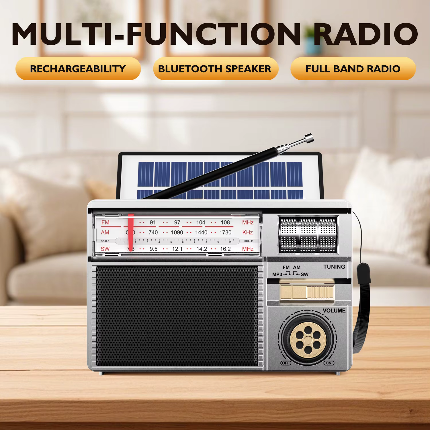 Radio rétro toutes bandes avec connectivité audio sans fil, charge solaire et multimode, batterie lo