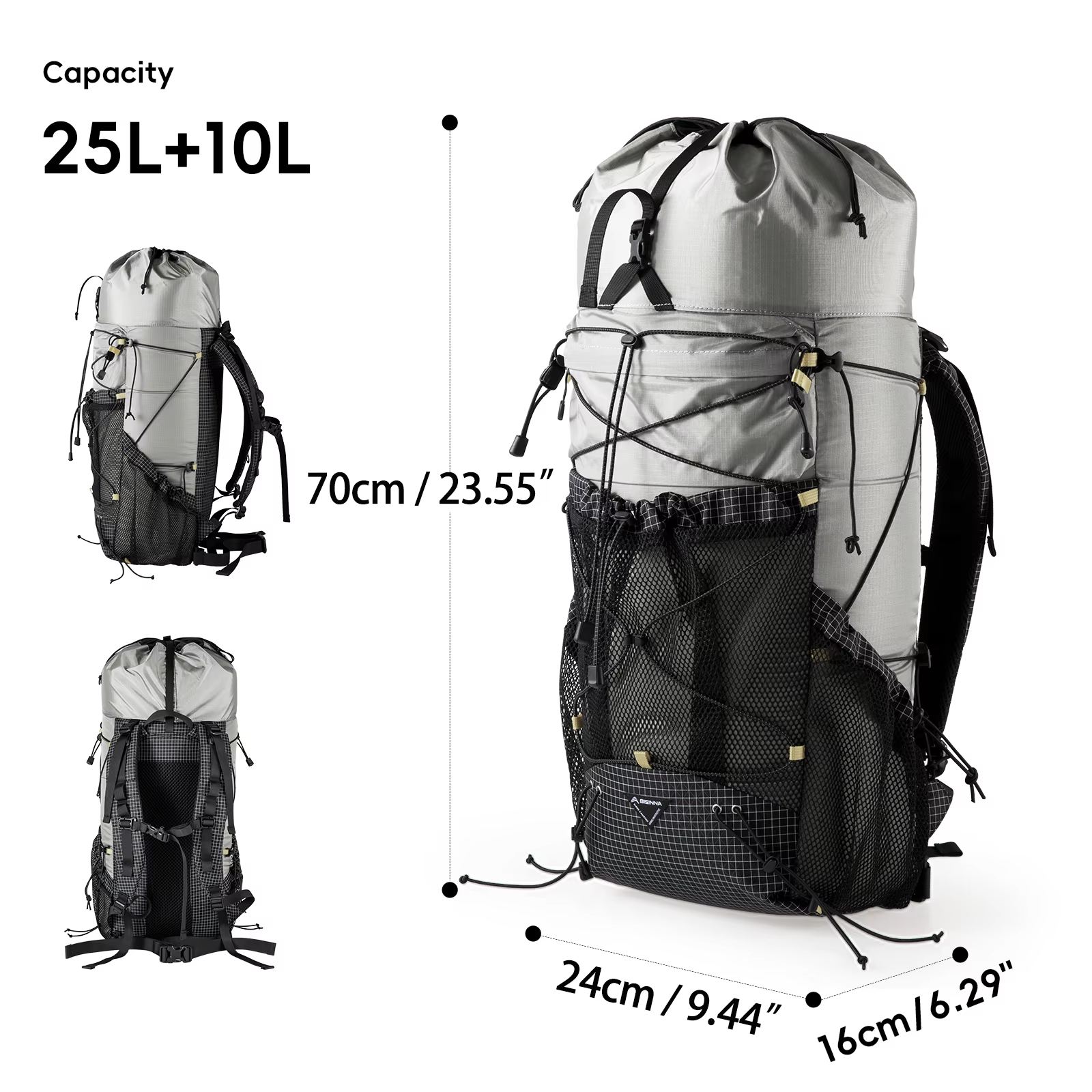 BISINNA Sac à dos de camping 25 + 10L, sac de voyage ultraléger pour hommes et femmes, grande capaci