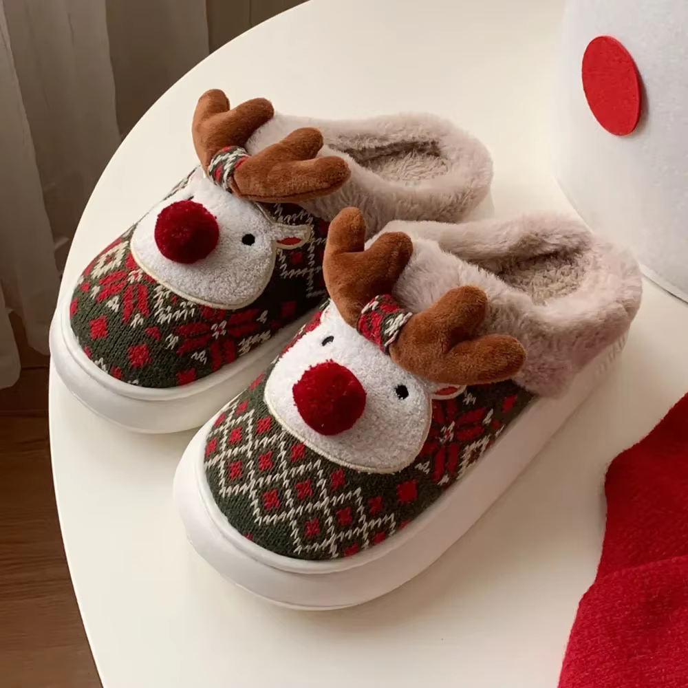 Pantoufles de noël en coton pour femmes, mignonnes cerf de dessin animé, antidérapantes, chaussures 