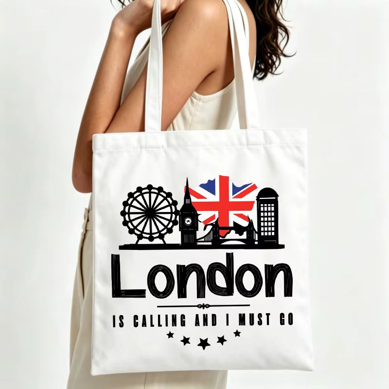 Sac fourre-tout en toile pour femme avec imprimé drapeau et silhouette de Londres, style décontracté