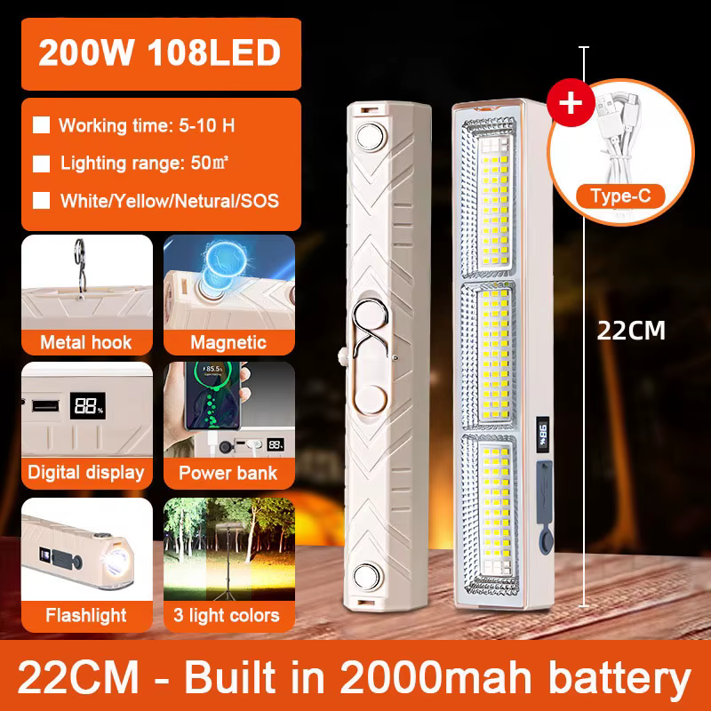 Barre lumineuse LED magnétique rechargeable par USB pour le camping, lampe de travail avec crochet p
