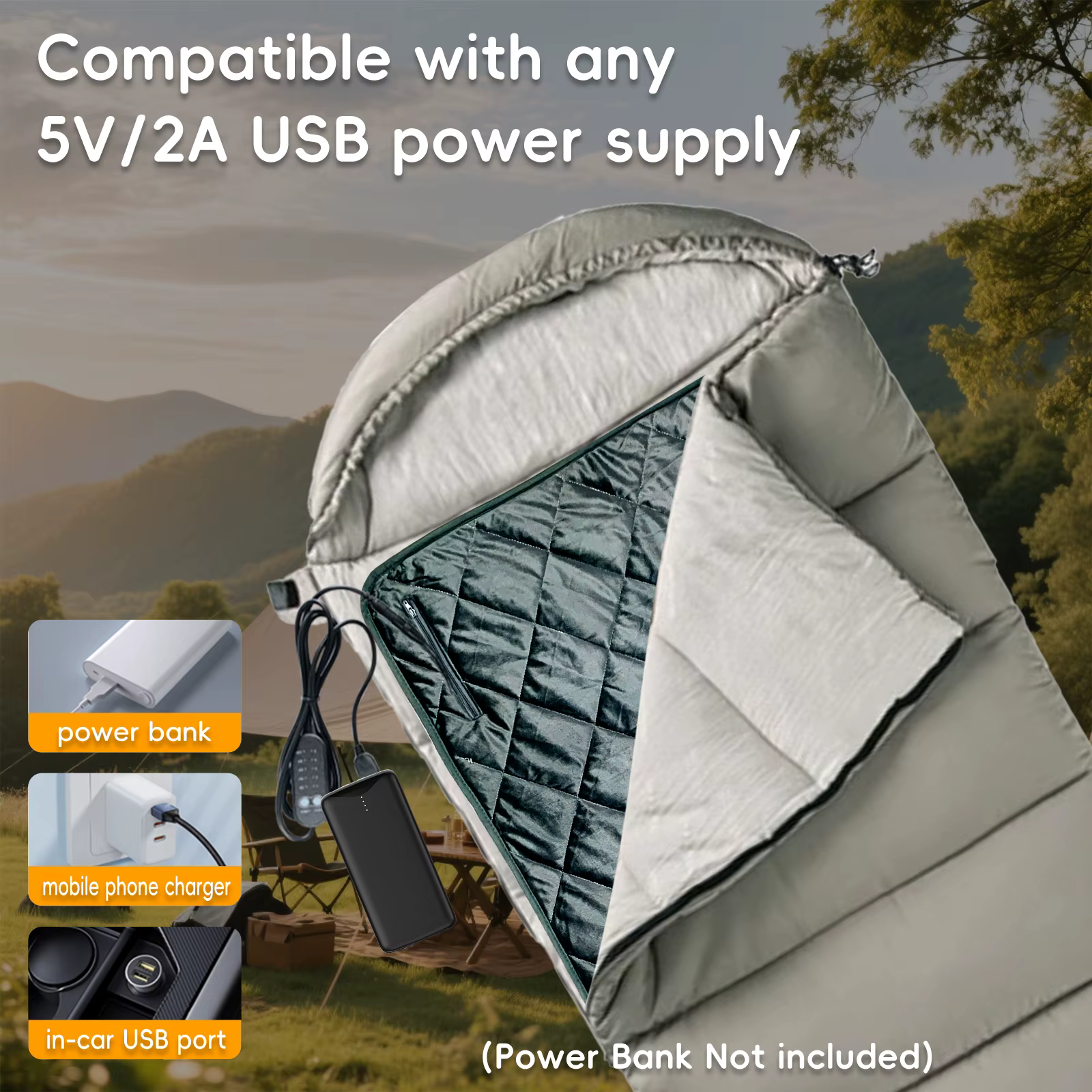 Camping chauffé sac de couchage coussin USB chauffage sac de couchage doublure couverture chauffante