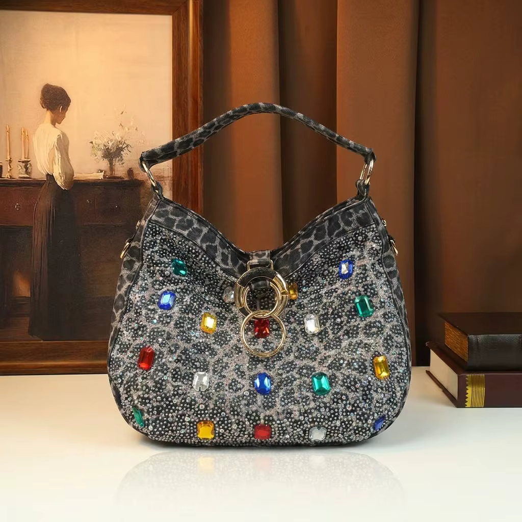 Sac à bandoulière hobo léopard scintillant avec pierres précieuses colorées, sac de luxe à porter so