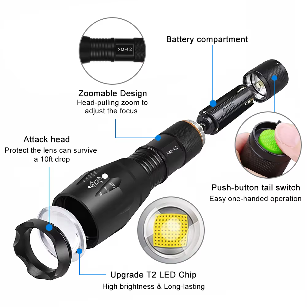 Lampe de poche LED étanche pour camping en plein air, lampe de poche injuste, torche portable, trava