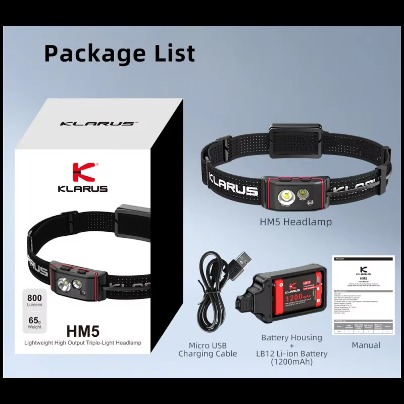 Klarus HM5 800Lumens Lampe frontale légère à triple lumière à haut rendement
