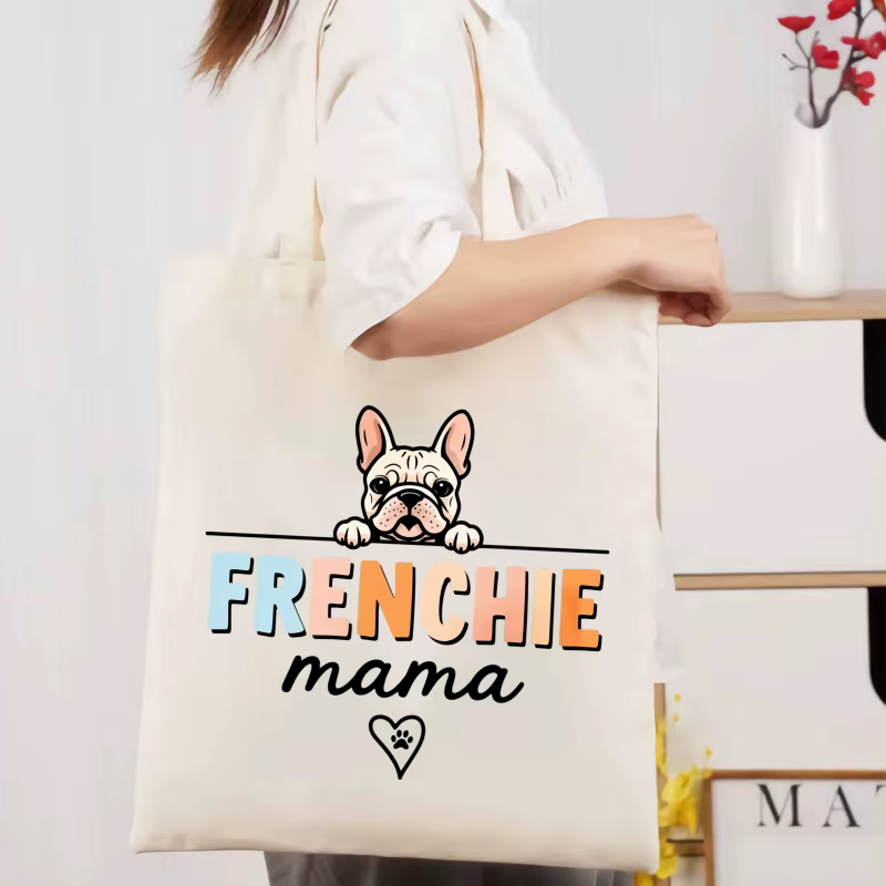 Sac fourre-tout en toile à motif de chien mère seau français de couleur crème avec motif en forme de