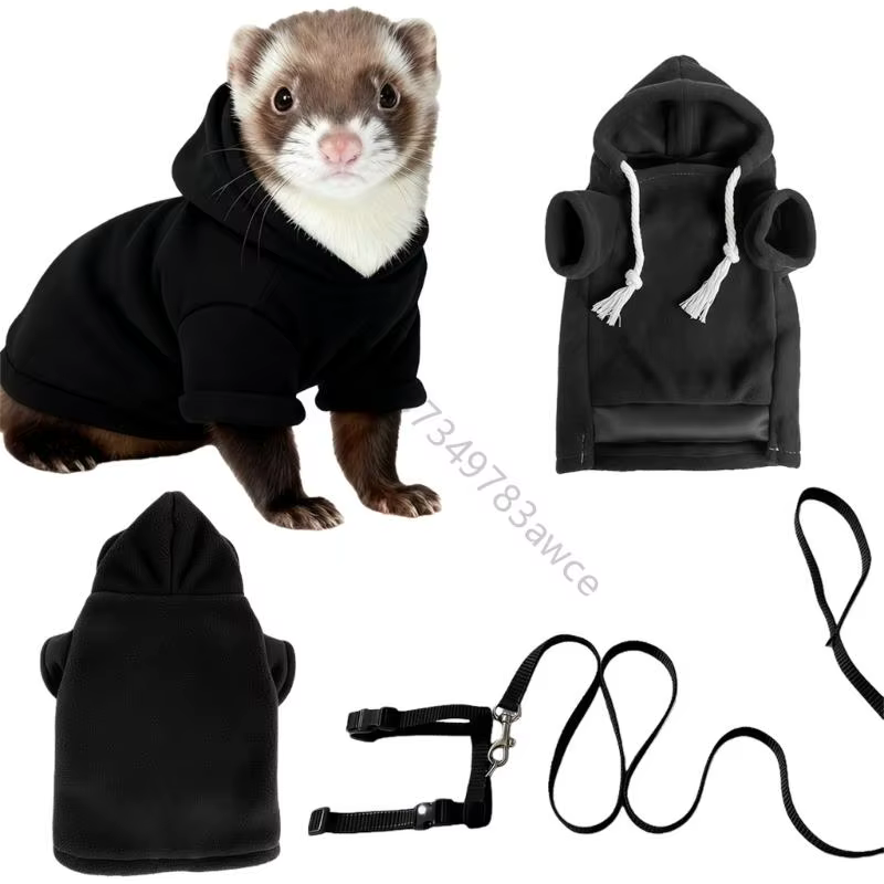 Ensemble pull à capuche harnais laisse pour furets, pour temps froid, avec tissu polaire doux, corde