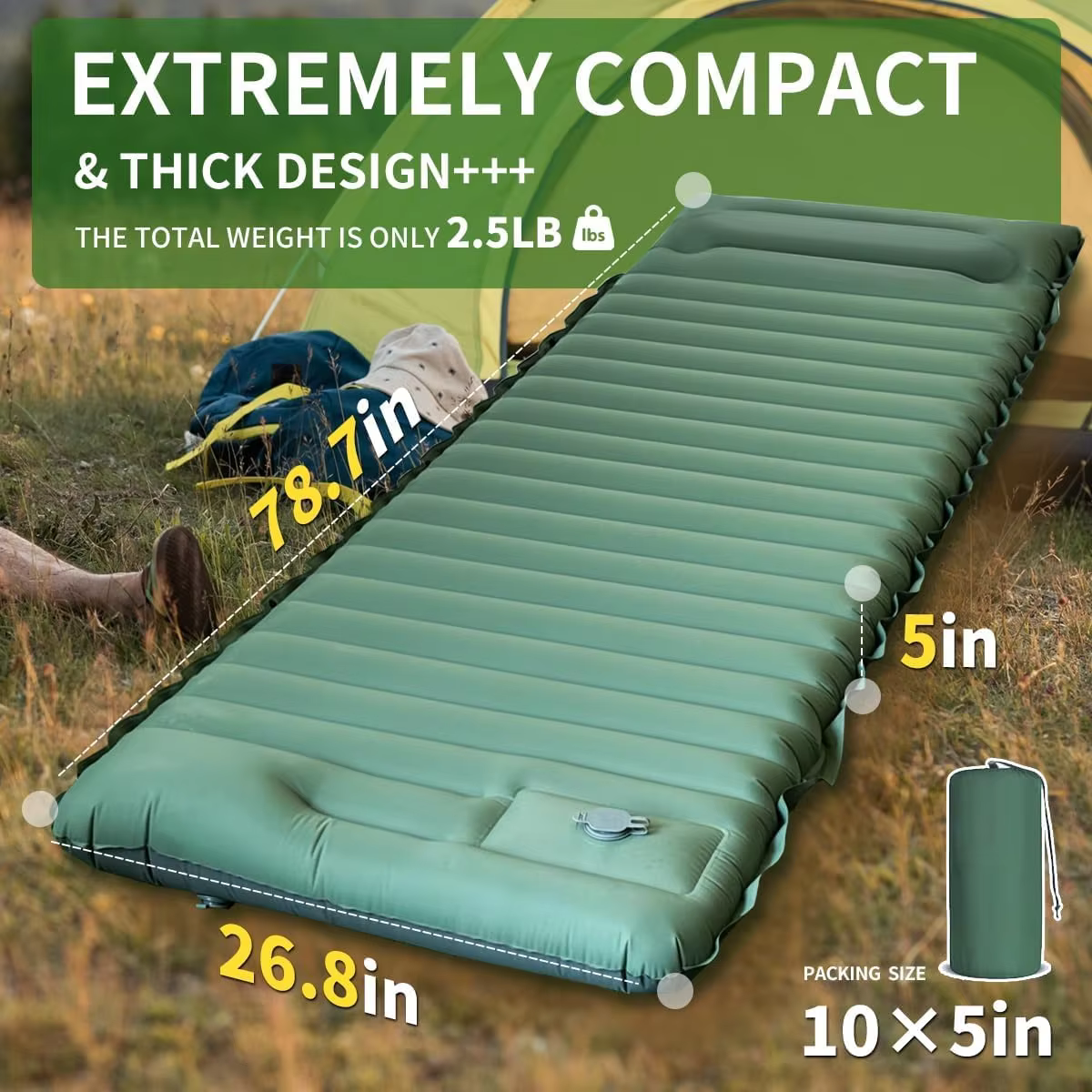 Tapis de couchage de Camping ultraléger Extra épais de 4 pouces, avec oreiller intégré et pompe à pi