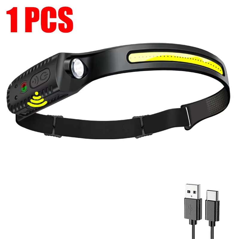 Lampe frontale LED rechargeable USB avec capteur XPE+COB, torche frontale LED, lampe de poche pour l