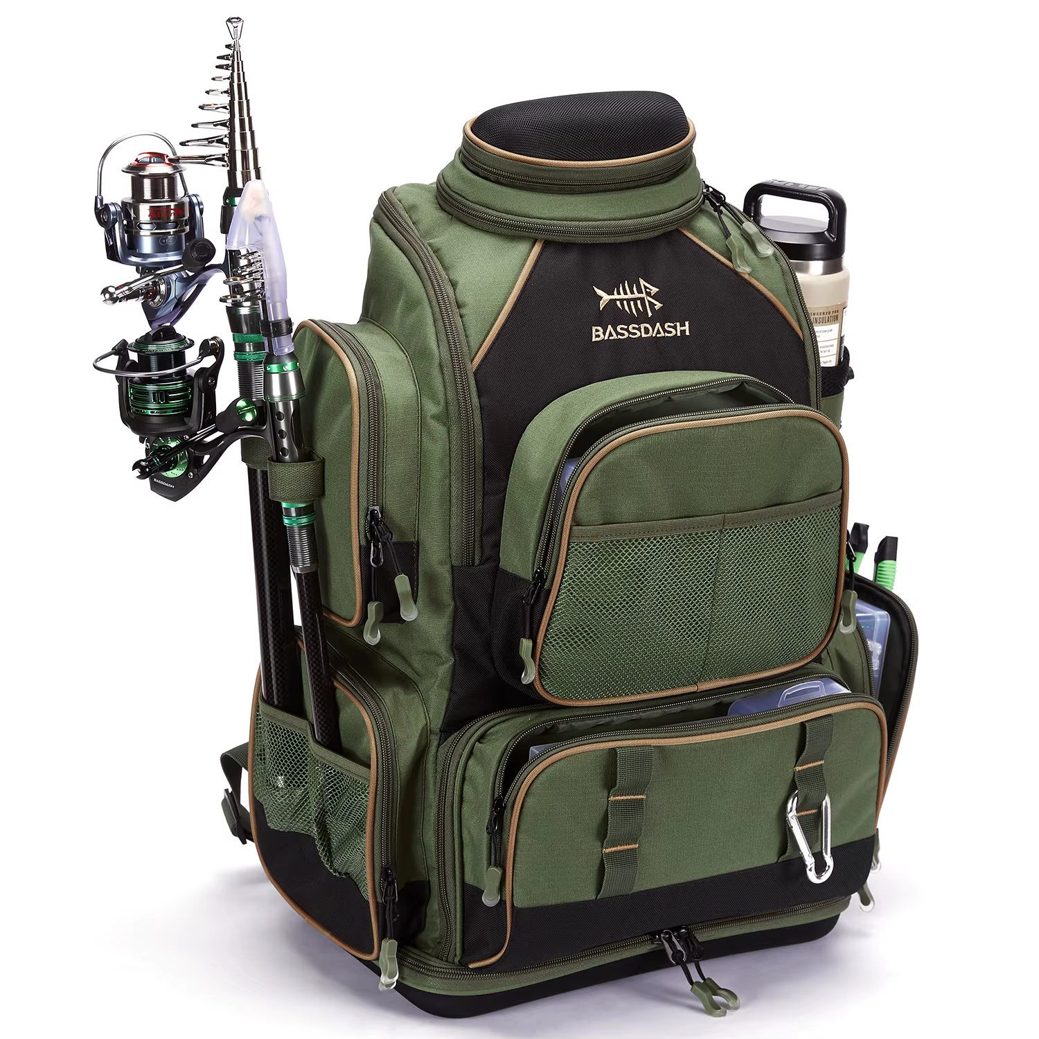 Bassdash-Sac à dos vert armée avec housse de protection contre la pluie, matériel de pêche lancé SD2