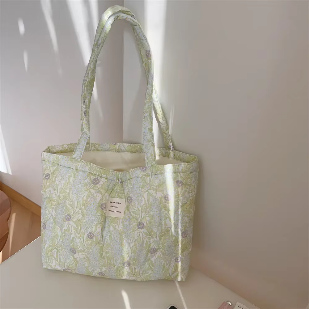 Sac à Main en Coton à Motif Floral pour Femme, Fourre-Tout Chic, Bouffant, à Poignée Supérieure, Mat