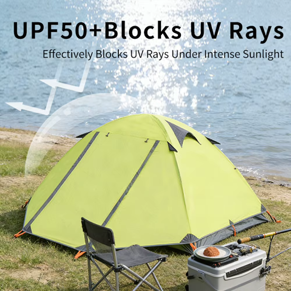 Tente de camping Aurora Fox pour 2 personnes, jupe verte, double couche, poteaux en aluminium, anti-
