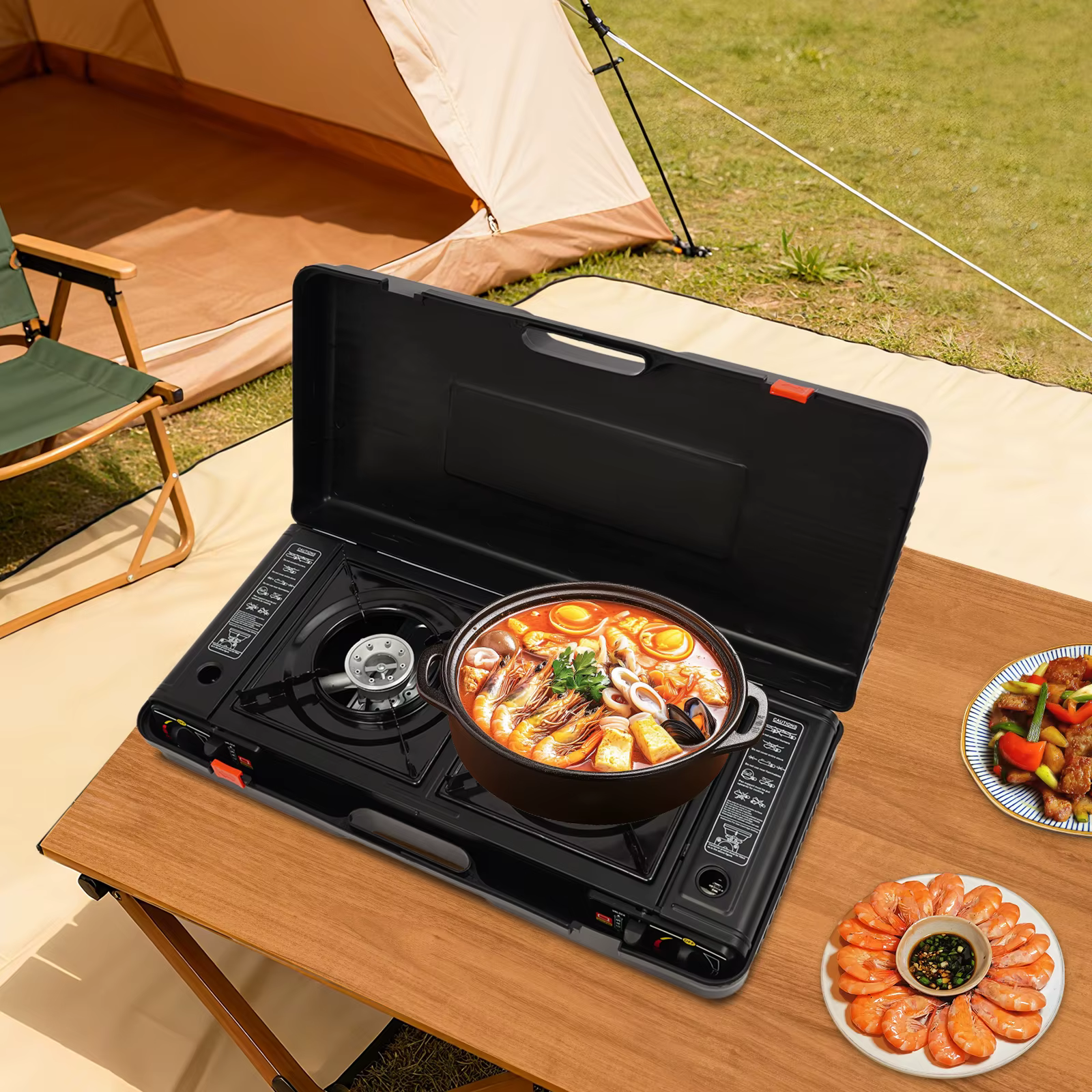 Réchaud de camping portable à 2 brûleurs, réchaud à gaz butane/GPL à allumage automatique de 2,5 kW 