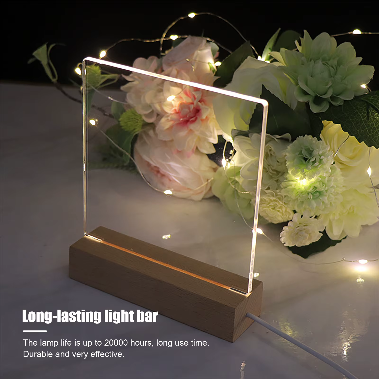 Présentoir LED rectangulaire en bois, support 4.2 par USB, base en bois faite à la main, USB en cris
