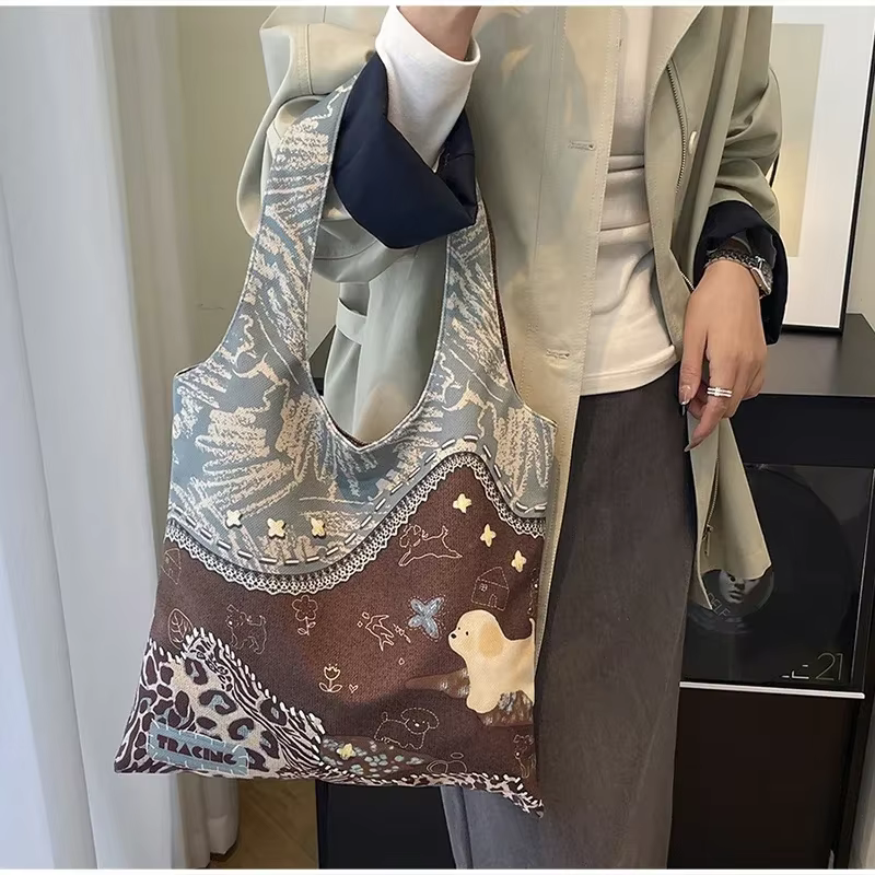 Sac fourre-tout rétro imprimé léopard, sac en toile imprimé chiot créatif, sac à bandoulière élégant