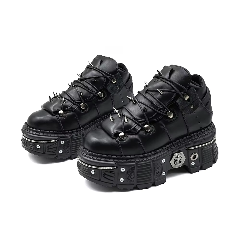 Baskets plateforme gothiques punk à clous 2026 en cuir noir, bottines rock unisexe, chaussures stree