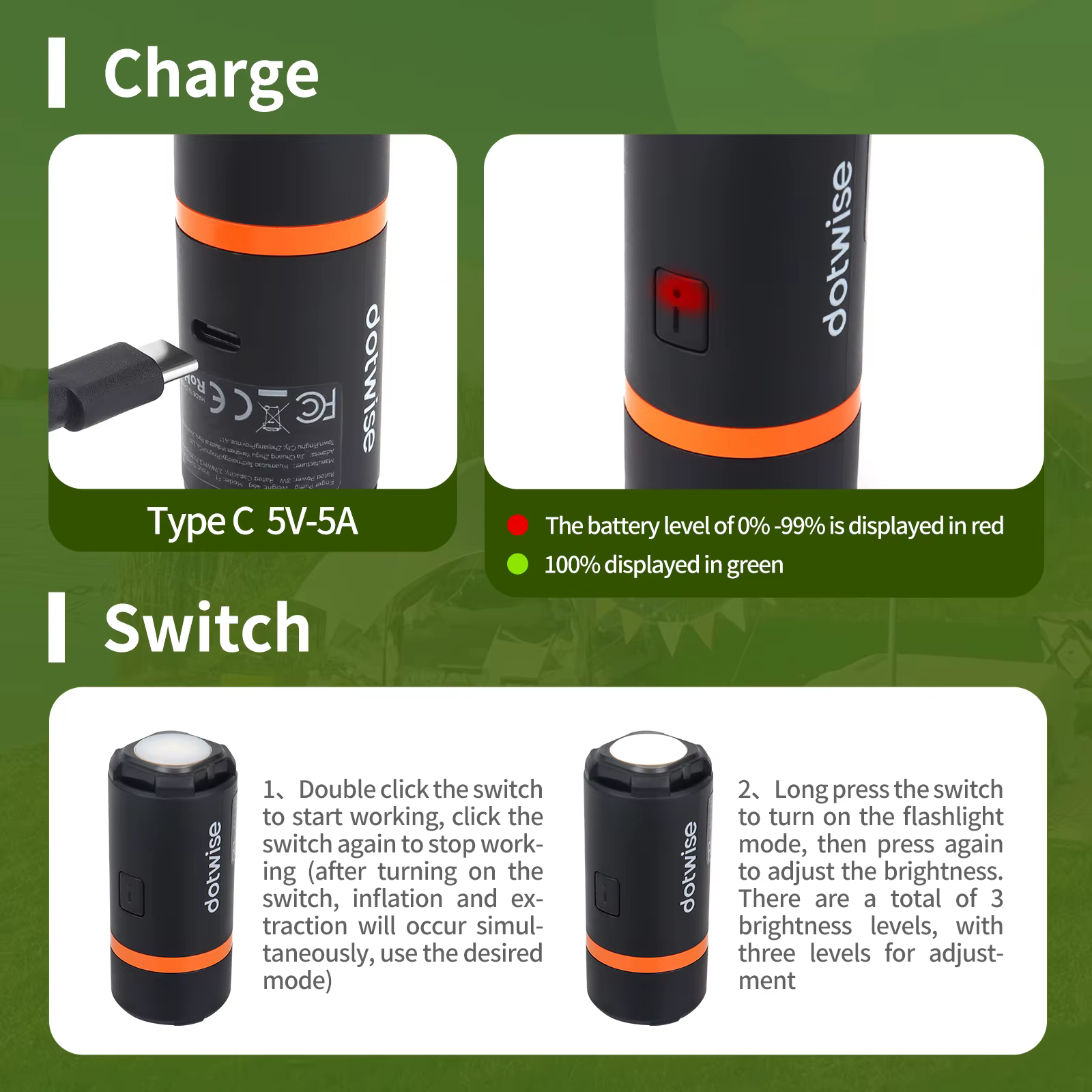 DOTWISE – Mini pompe de gonflage Portable d'extérieur, avec lumière de Camping, 5 buses, adaptée aux
