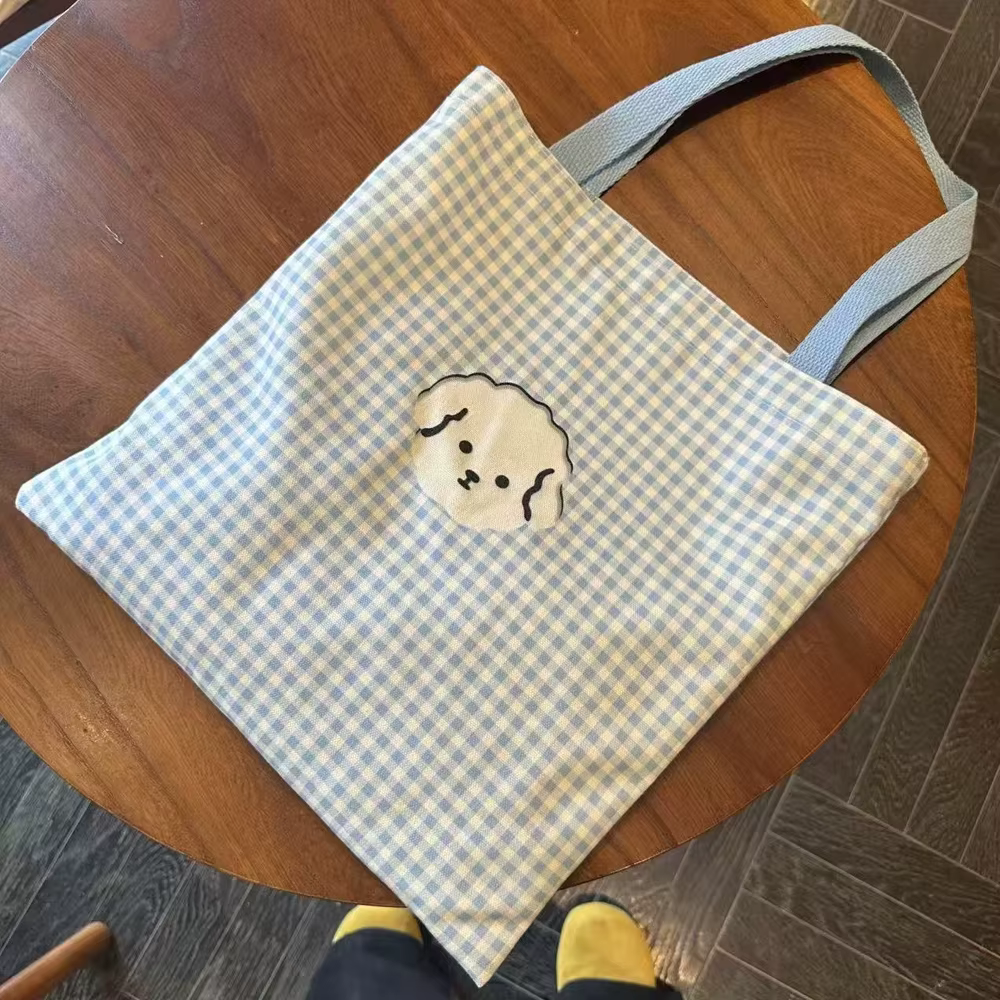 Sac fourre-tout en toile à carreaux bleus avec un motif de chiot mignon, sac d'étudiant adorable et 