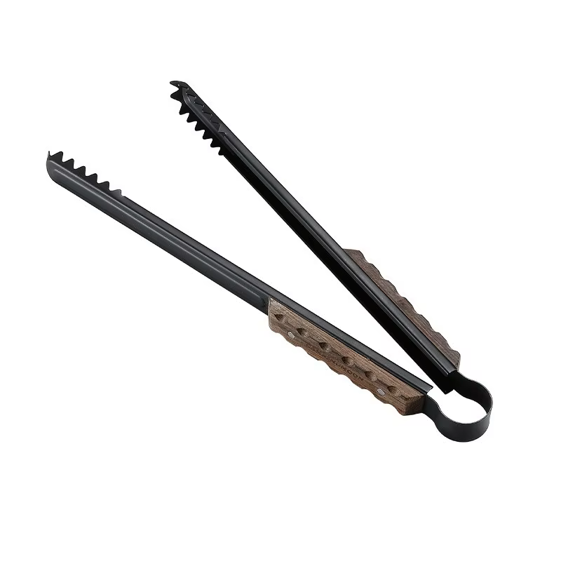 CAMPINGMOON BKMS-41 Pince à charbon multifonctionnelle en acier inoxydable avec poignée en bois mass