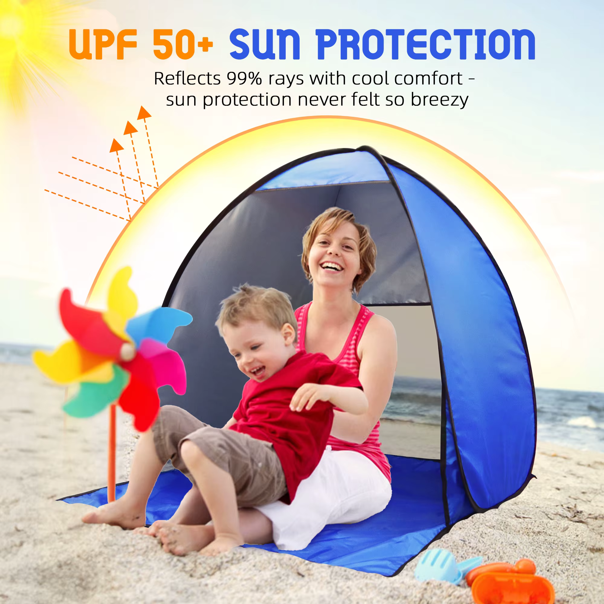 Abri solaire de tente de plage pop-up pour le camping d'été-auvent de plage UPF 50+ avec porte fermé