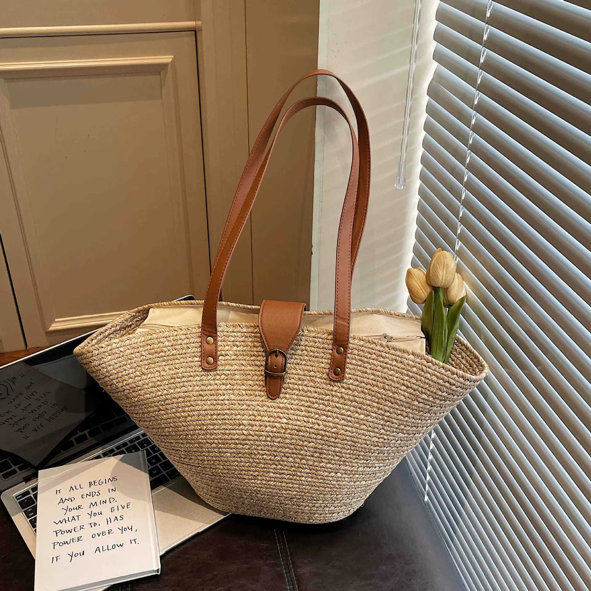Sac à bandoulière en paille tressée grande capacité pour femme, style panier, fait main, nouvelle co