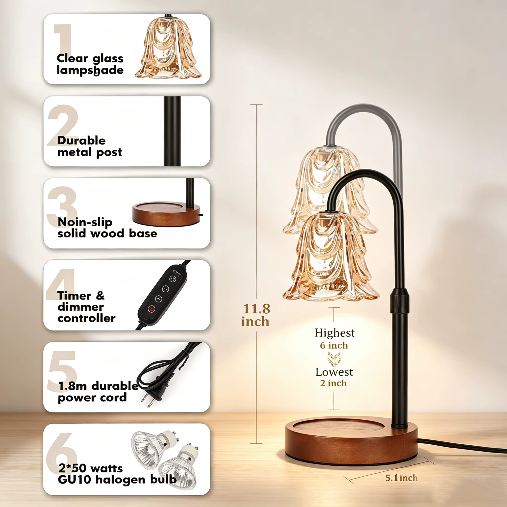 Lampe chauffe-bougie en forme de fleur avec minuterie, variateur d'intensité, hauteur réglable, 4 vi