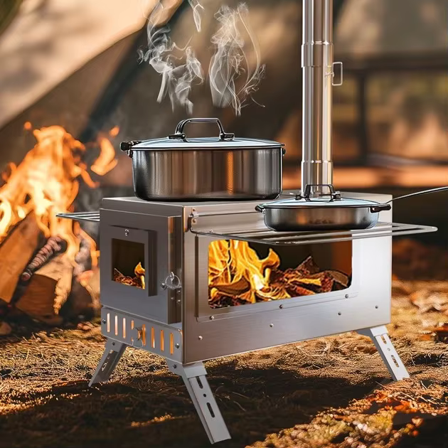 Poêle à tente chaude, poêle à bois unho, poêle à bois portable avec 6 tuyaux de cheminée en acier in