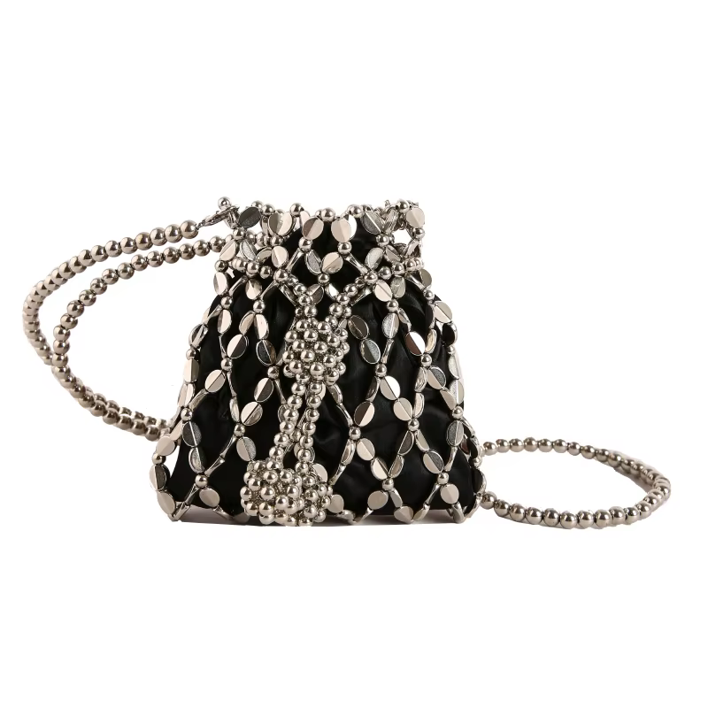 Sac seau perlé argenté scintillant pour femme, sac à bandoulière en maille métallique fait main, min