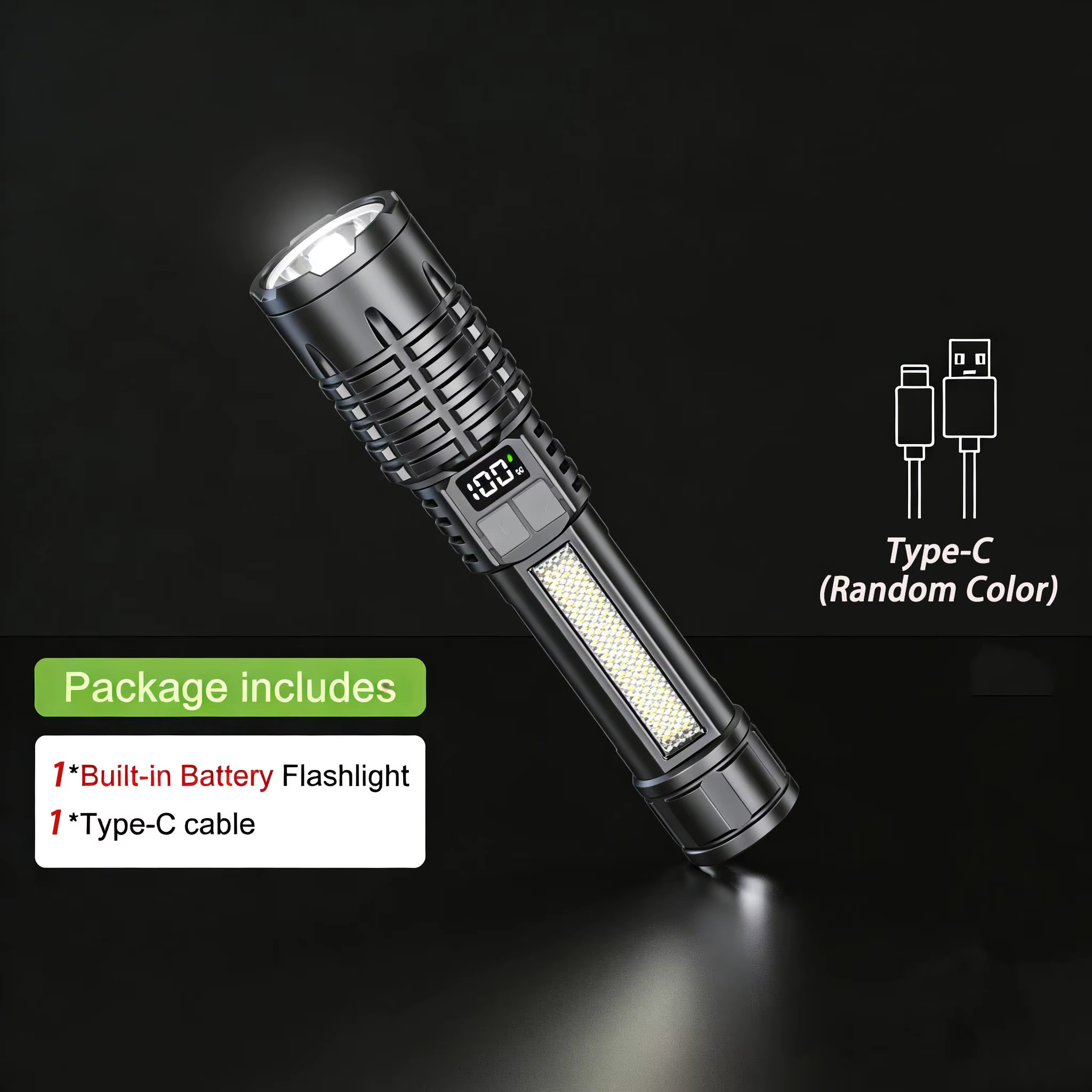 Lampe torche LED haute puissance avec zoom et affichage numérique, rechargeable par USB, idéale pour