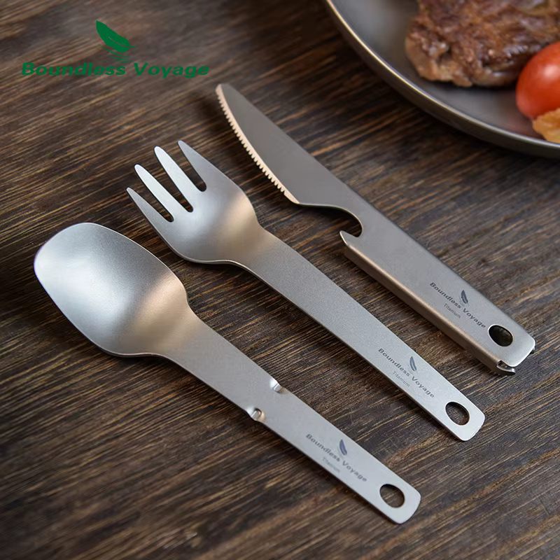Ensemble de vaisselle en titane Voyage sans limites, couteau utilitaire d'extérieur, fourchette cuil