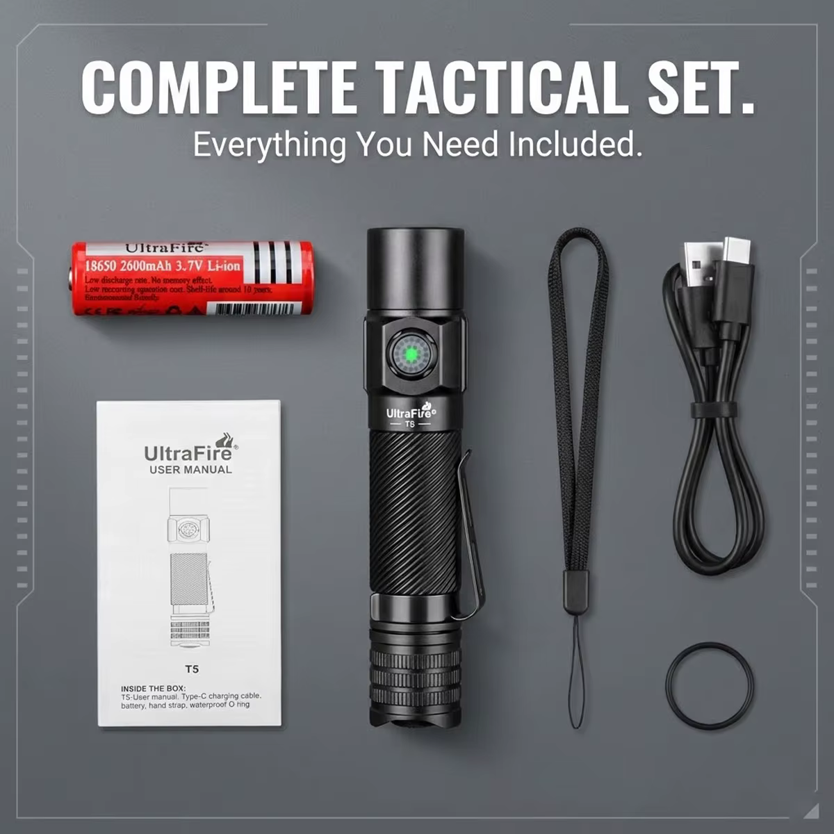 UltraFire T5 Lampe Torche Tactique 1800 Lumens Double Interrupteur LED USB-C Rechargeable IP68 Polic