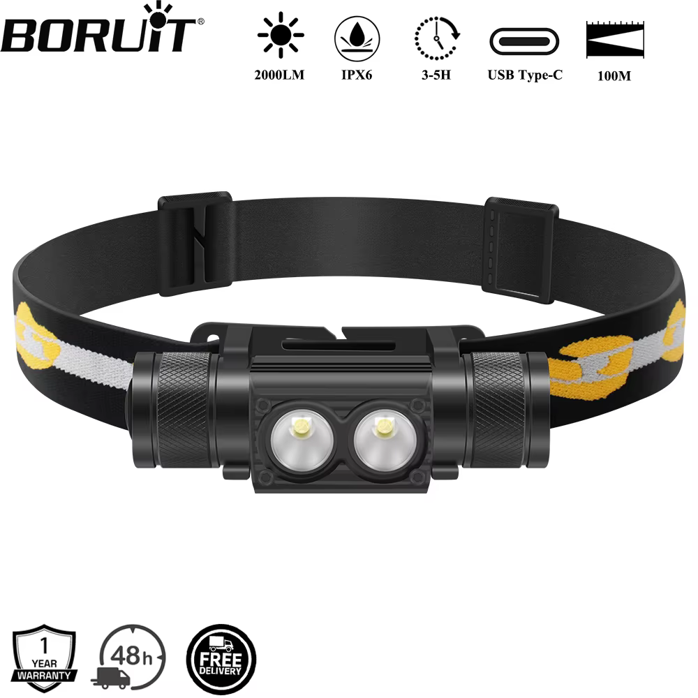 BORUiT D25 double lampe frontale LED 2000LM phare puissant type-c Rechargeable 18650 torche frontale