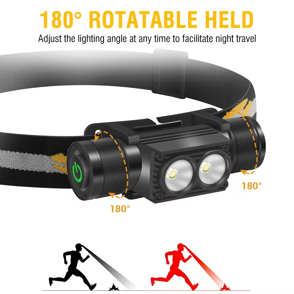 BORUiT D25 double lampe frontale LED 2000LM phare puissant type-c Rechargeable 18650 torche frontale