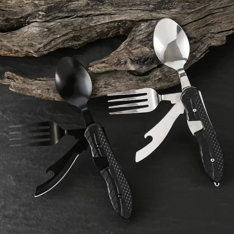 Ustensiles de Camping en plein air portables en acier inoxydable, cuillère pliable, fourchette, cout