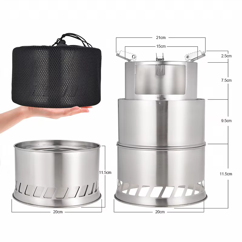 Poêle à bois portable en acier inoxydable pour l'extérieur, poignées, amovible, coupe-vent, four, ra