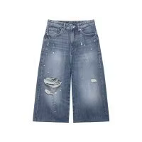 Jean rétro style américain taille haute coupe large à cinq poches en denim déchiré coton Printemps 2