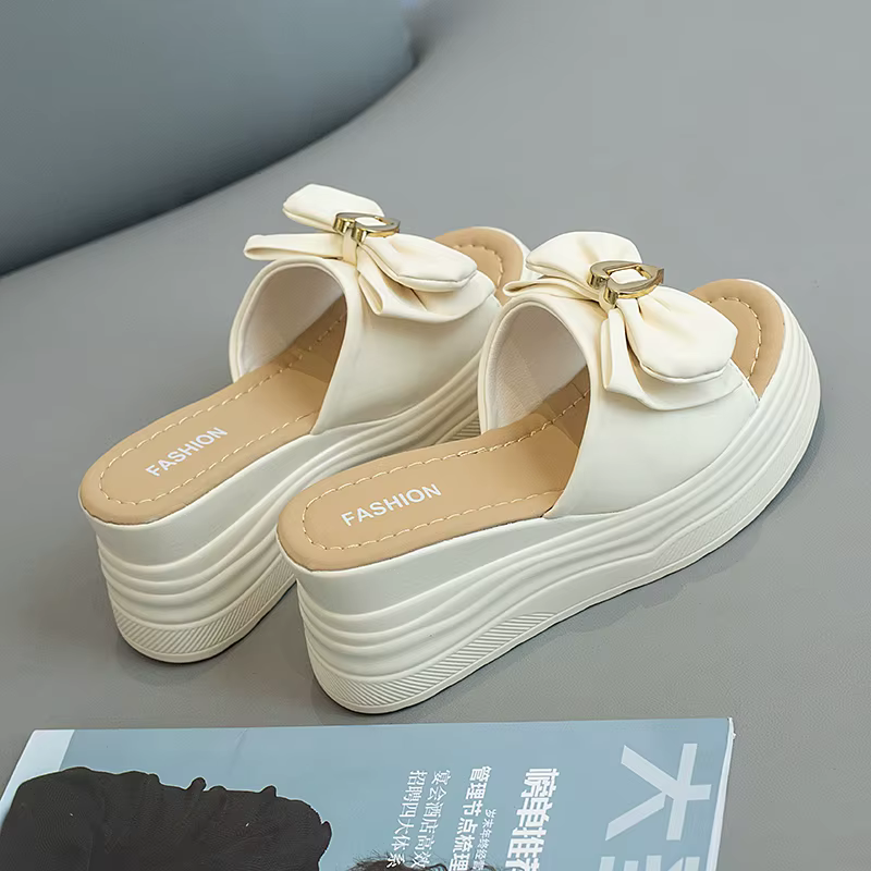Chaussures compensées souples de luxe, diapositives à plateforme avec nœud papillon, pantoufles à bo
