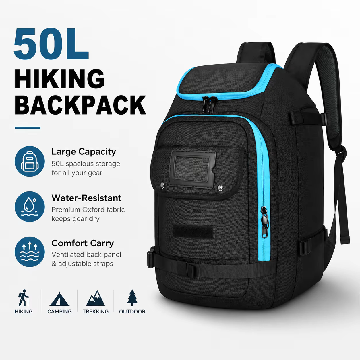 Sac à dos de randonnée 50L avec tissu Oxford résistant à l'eau, panneau dorsal respirant, grande cap