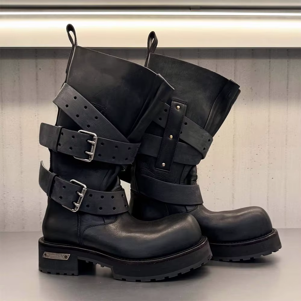 Bottes de moto en cuir noir pour hommes, bout rond, semelle épaisse, sangle à boucle, chaussures de 