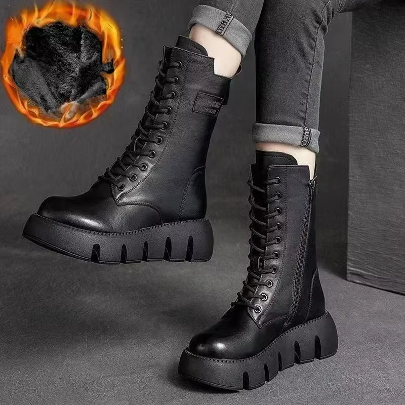 Hiver cuir femmes bottes 2025 court en peluche mi-talon bottes de neige à lacets chaud dame plate-fo