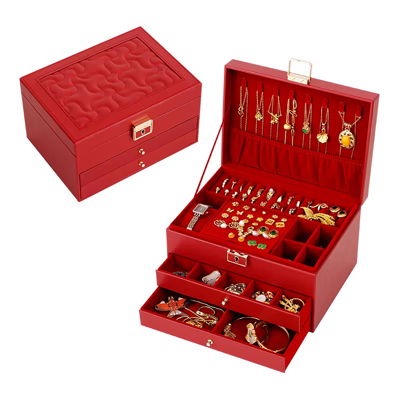 Coffret cadeau de Noël tendance, boîte à bijoux, boîte de rangement de bijoux multicouche rouge fest