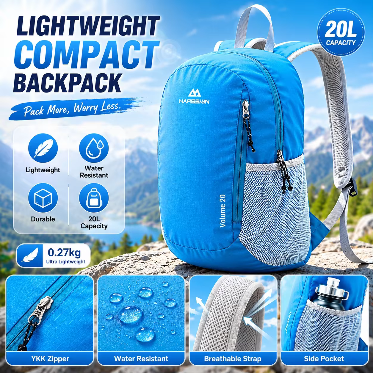Sac à dos de sport de plein air BunnyFly 20L, unisexe, imperméable, super léger, décontracté, pour l
