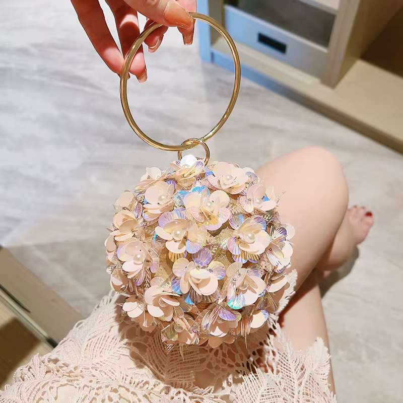 Mini sac de soirée à fleurs à paillettes, pochette de dîner élégante, sac à main rond formel pour Ba