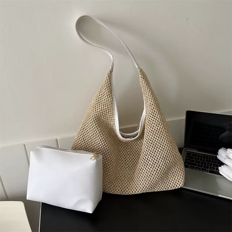 Sac de plage en paille tissé, décontracté, populaire, à la mode, asymétrique, épaule dénudée, bord d