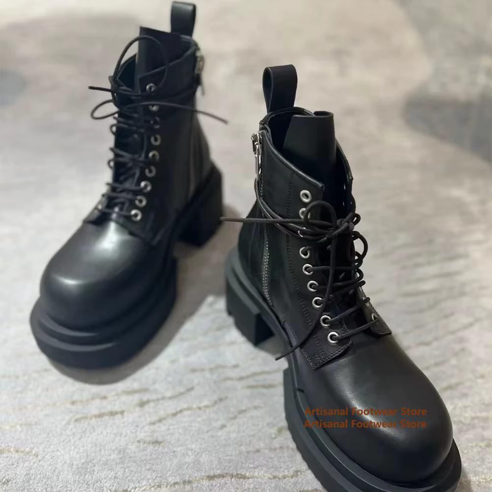 Bottes montantes à semelles épaisses pour hommes, bottines à lacets en cuir véritable, chaussures de