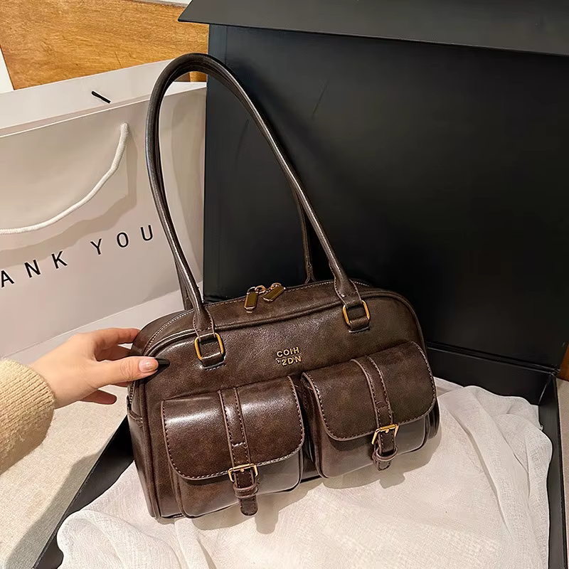 Sac à bandoulière rétro en cuir de couleur unie pour femmes, 1 pièce, sac à main avec plusieurs poch