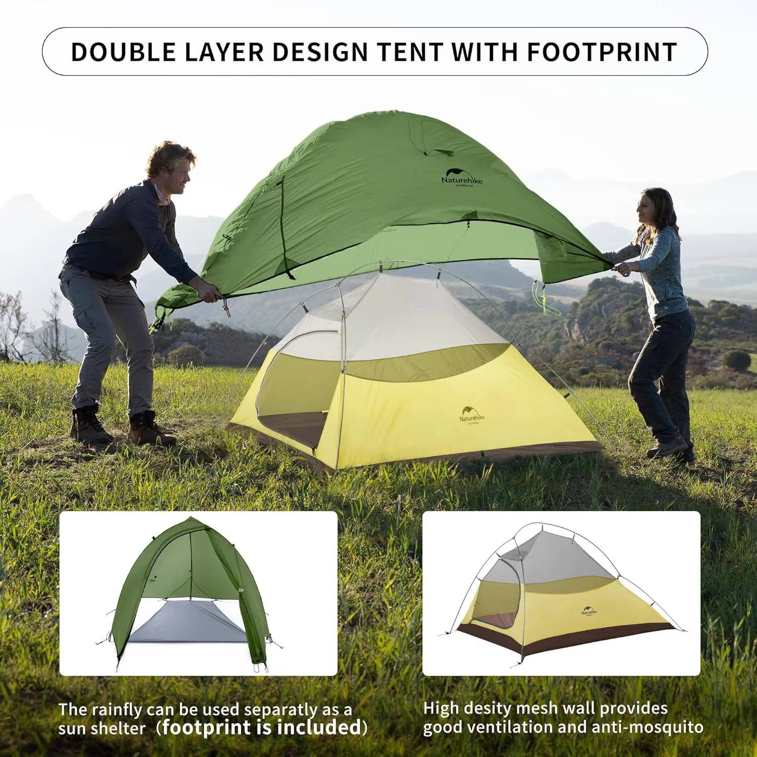 Tente ultralégère Naturehike Cloud Up 2 Pro pour 2 personnes, imperméable, pour randonnée, plage, ca