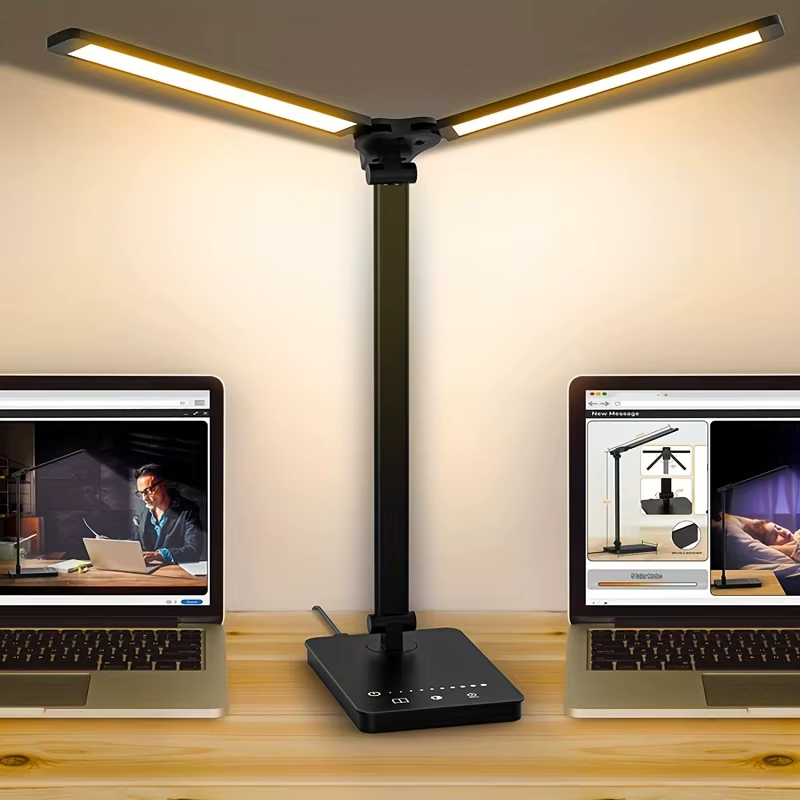 Lampe de bureau LED à Double tête, lampe de table à double bras oscillant pour le bureau à domicile,