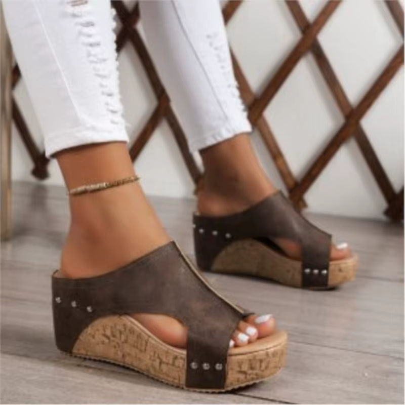 Sandales d'été compensées pour femme, style rétro, à enfiler, grandes tailles, chaussures féminines 